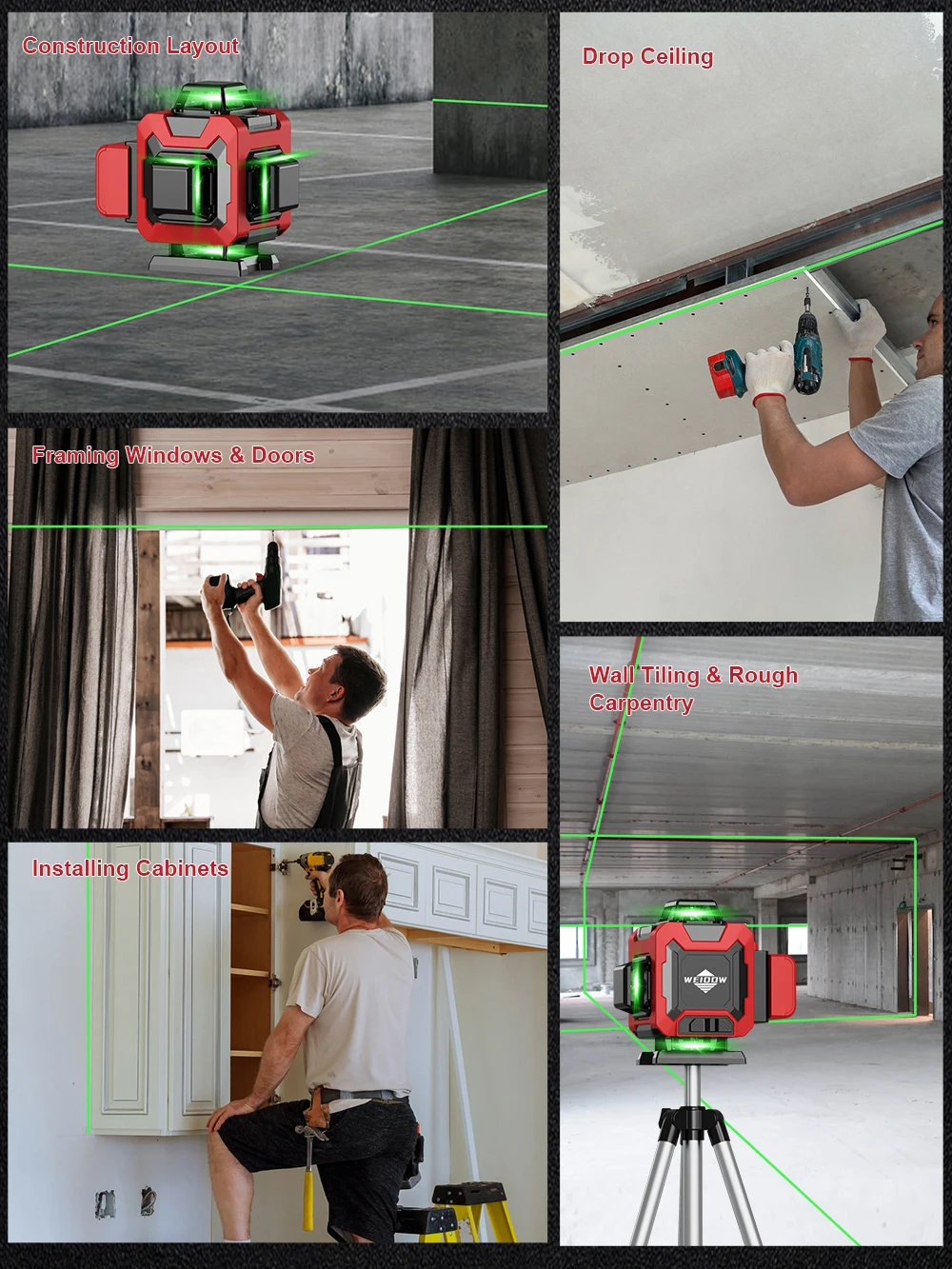 Laser Level Laser Level Tripod WEIDDW Professional Laser level 4D 16 Lines with 39.37 Inch (1M)Tripod 360&deg;Self-leveling Laser Levels Green Beam Nivel