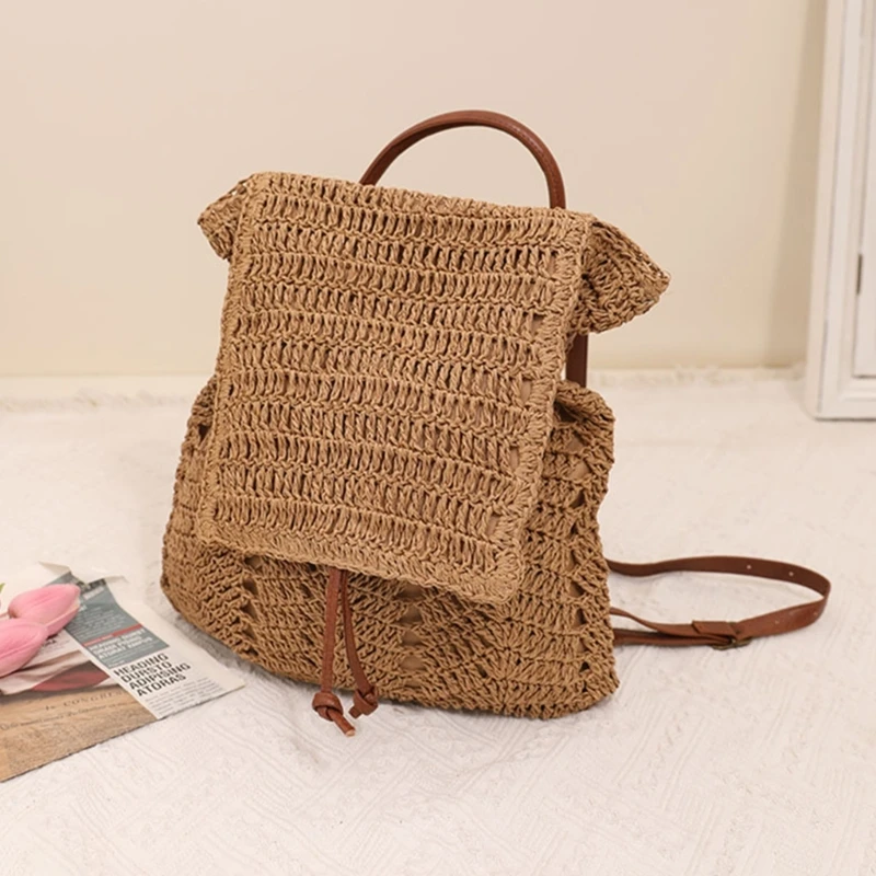 Women Fashion Straw Handmade Woven Backpack Flap Drawstring Shoulders Bag Beach Daypack