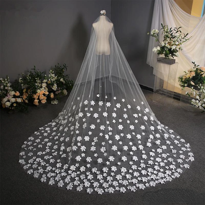 White 3.8m Cut Edge Cathedral Length Wedding Veil Long Velos De Noiva 1 Tier Applique Bridal Veil with Comb