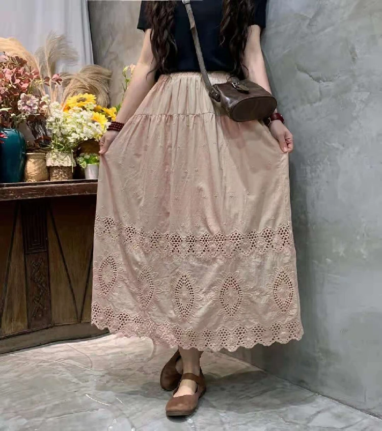 Ladies Skirt 2022 Summer Embroidery Cotton Linen Casual A line Hollow Out Casual Thin Long Skirt Female YoYiKamomo golf skirt