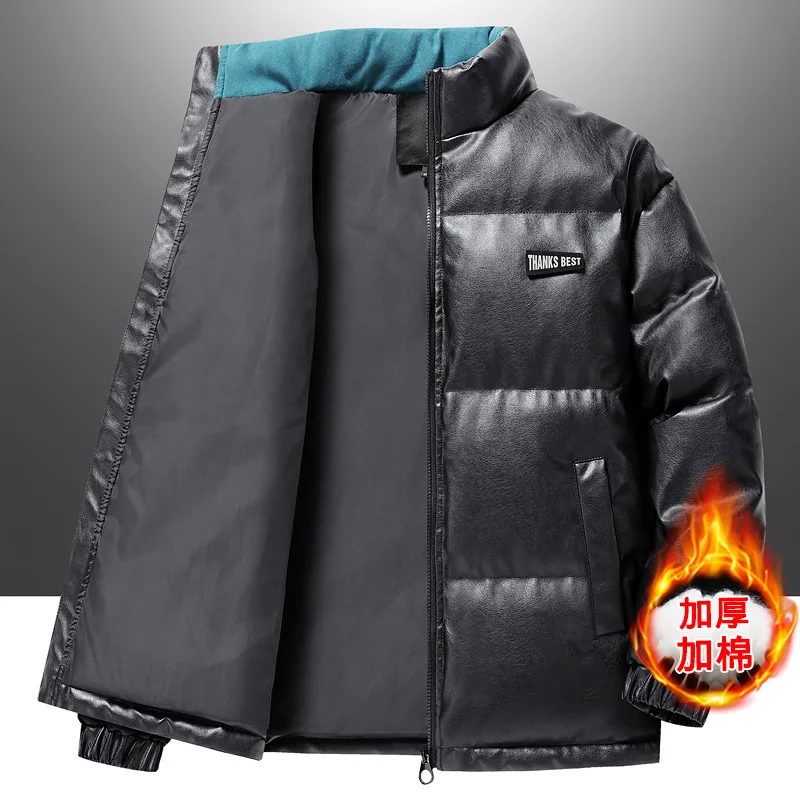 Winter Thick Warm Stand Collar Parka Men PU Leather Jacket Puffer Jacket Cotton-padded Jacket Plus Size Long Sleeve Casual Loose