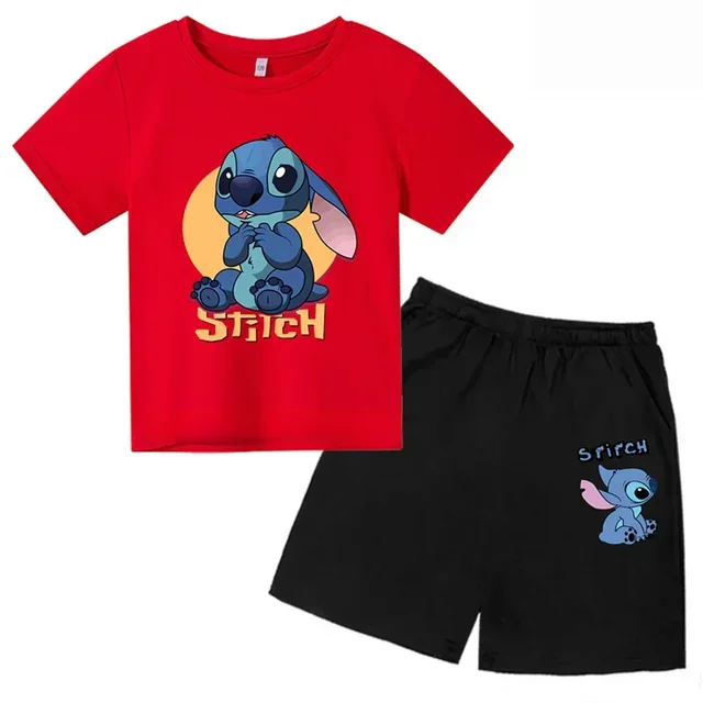 thumbnail image 1 of Conjunto de 2 camisetas y pantalones cortos de Disney Stitch para niños de 1 a 14 años, ropa informal de verano de manga corta con estampado de anime para niños, 1 of 5