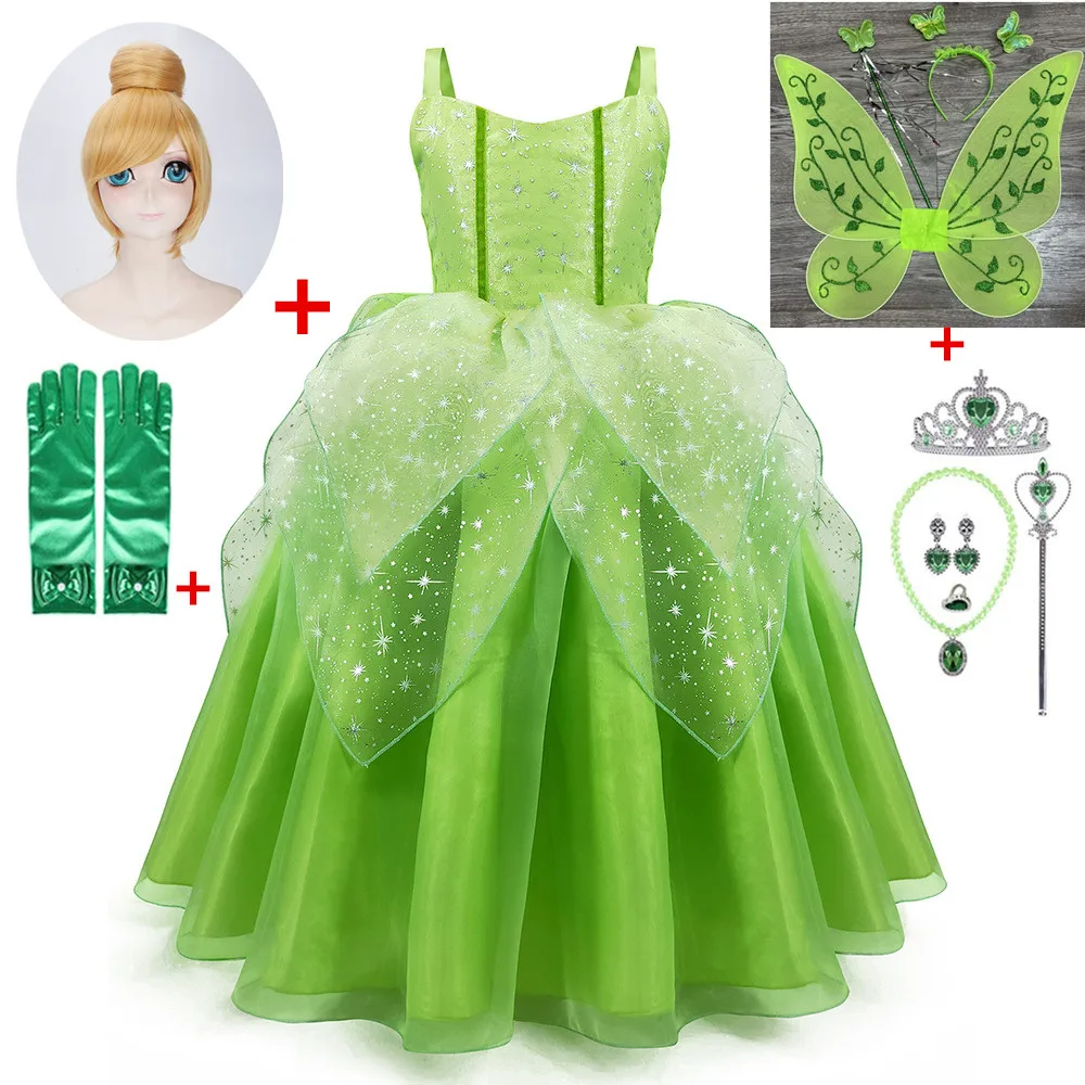 New Fairy Tinkerbell Princess Dress Wings For Girl Fancy Dress Up Costume Flower Green Leaf Fairy Elves Cosplay Clohting Wig
