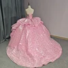 Princess Strapless Ruffles Ball Gown Quinceanera Dresses Pink 3D Flowers Sequined Lace Lace Up vestidos de quinceañera 6788 4