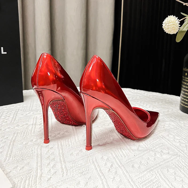 Water Diamond Red Sole Women's High Heels Wedding Shoes Women's Shallow Mouth Fine Heels Lacquer Leather Sexy Style Single Pumps