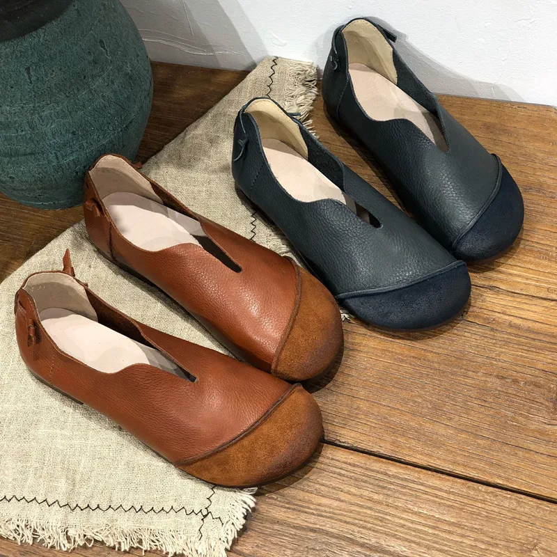 

Handmade Genuine Leather Shoes Retro Soft Flat-bottomed Round Toe Casual Loafers Cowskin Shoes Women Driving shoes