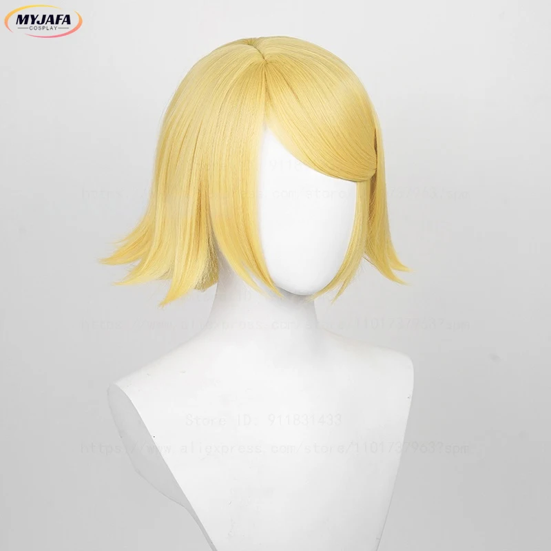 Hochwertige Rin Len Cosplay Perücke Kurze Hellgoldene Frauen Mann Hitzebeständige Kunsthaar Anime Perücken + Haarnetz – Detail 4