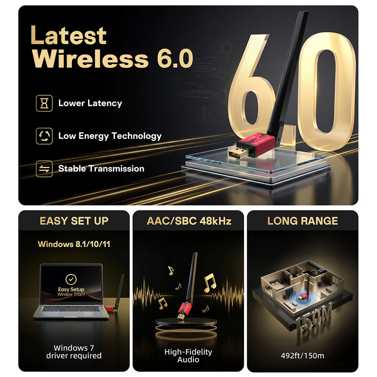 USB BT6.0 드라이버리스 어댑터 안테나 150M 음악 오디오 송수신기 3Mbps 드라이버 프리 송신기 안테나 PC 마우스 키보드용