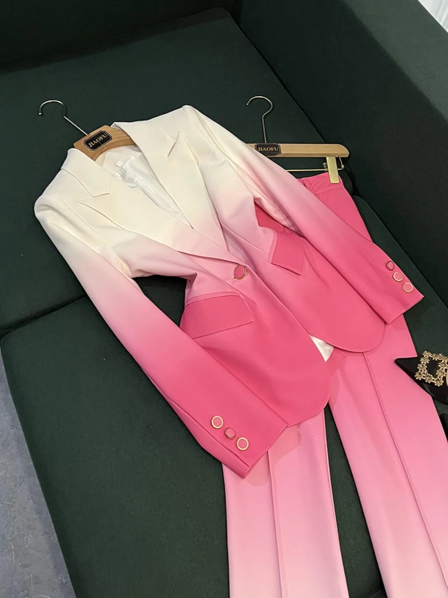 2024 New Pant Sets Fashion Female Temperament Gradient Color Slim Long Sleeve Suit Pants Suit Two-Piece Suit Women's Clothes