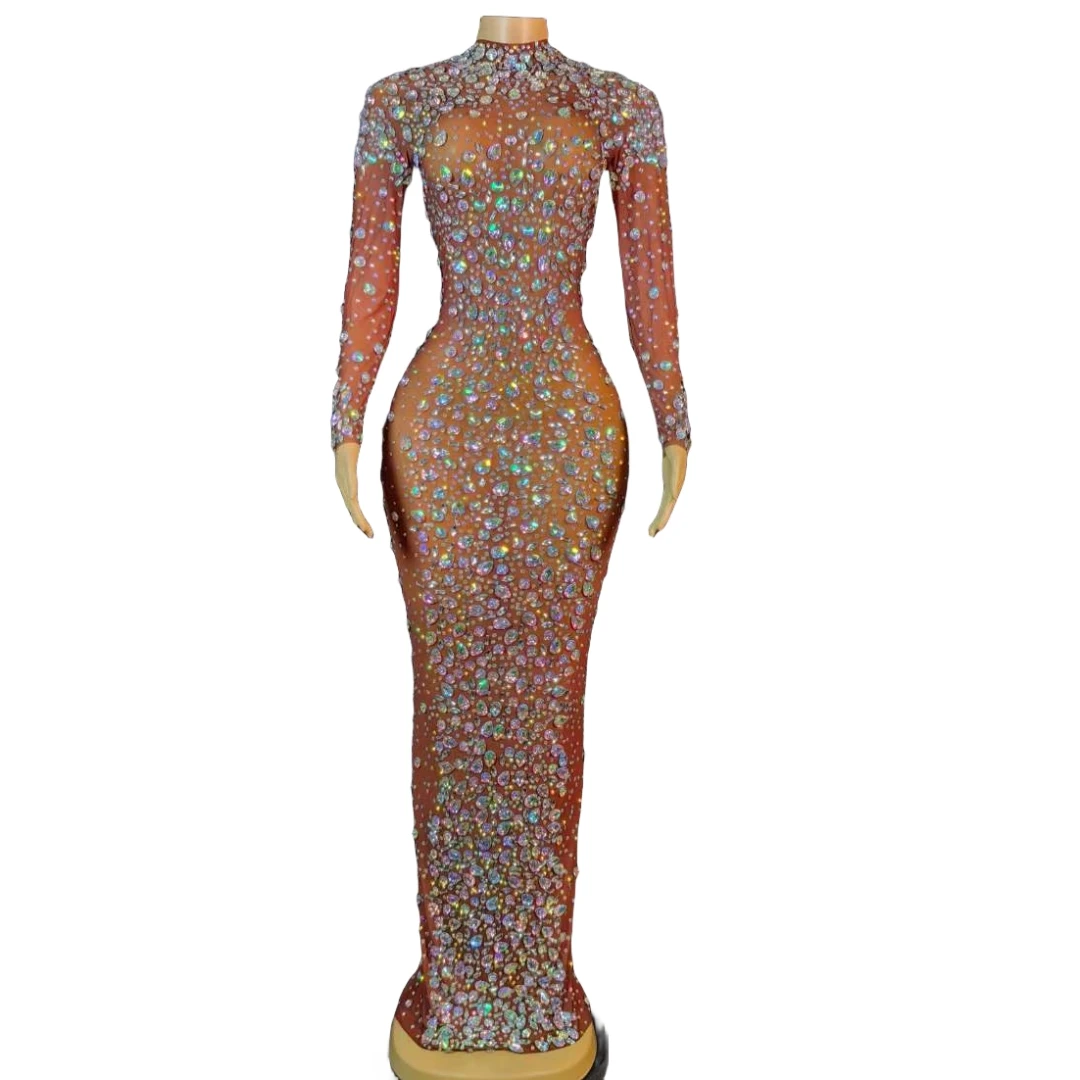 

Sparkly AB Colorful Rhinestone Celebrity Evening Dress For Women Birthday Club Night Stage Wear Stretch Drag Queen Costume