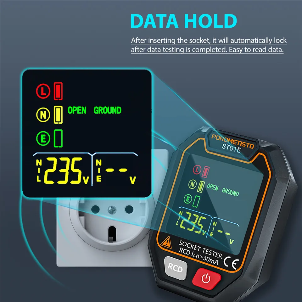 POROMETISTO ST01 Digital Socket Tester Color Screen UK/EU/US Circuit Checker RCD Socket Detector Data Hold Polarity Tester