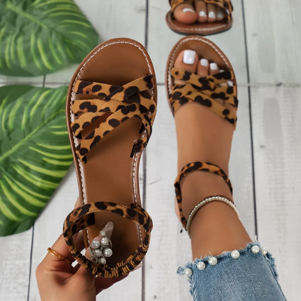 Flats Leopard Sandals Women Cozy Casual Shoes Walking New Walking Slippers 2024 Summer Outdoor Beach Slides Flip Flops