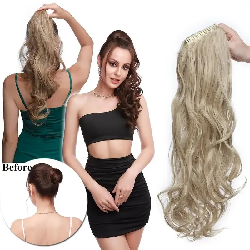 Sf6df684d1f074444ab476016ae55b913Z 24inch Synthetic Multicolor Horsetail Extensions Very Long And Fluffy Wavy Heat Resistant For Women Curling Pieces Mallzona