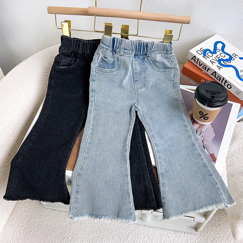 

Girls Jeans Pants 2024 Autumn New Horseshoe Pants Elastic Fleece Flare Pants