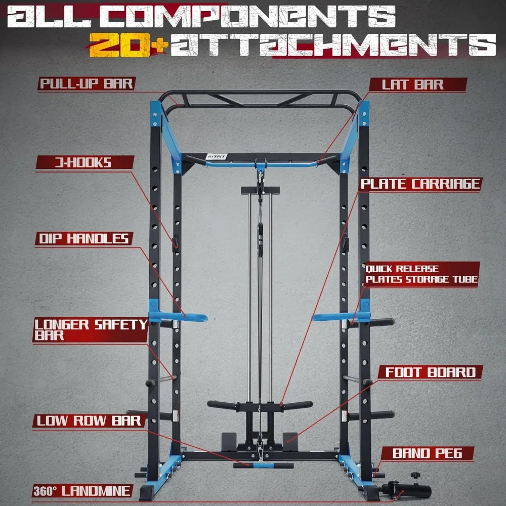 All-in-One Squat Rack for Home Gym, Multi-Function 1000 LBS Capacity Power Cage with LAT Pulldown, Pulley System, Dip Bar