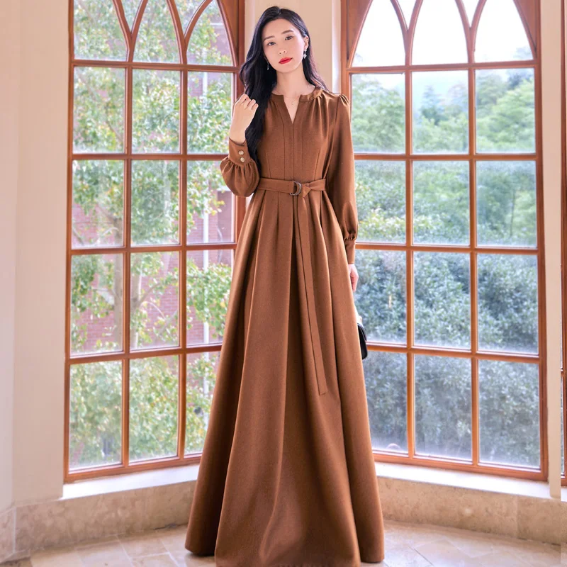 New Women Spring Autumn Ankle-Length Dress Fashion Small V-Neck Long Sleeve Slim Dress Elegant High Waist Brown Long Dress - AliExpress 200000345 New Women Spring Autumn Ankle-Length Dress Fashion Small V-Neck Long Sleeve Slim Dress Elegant High Waist Brown Long Dress - AliExpress 200000345