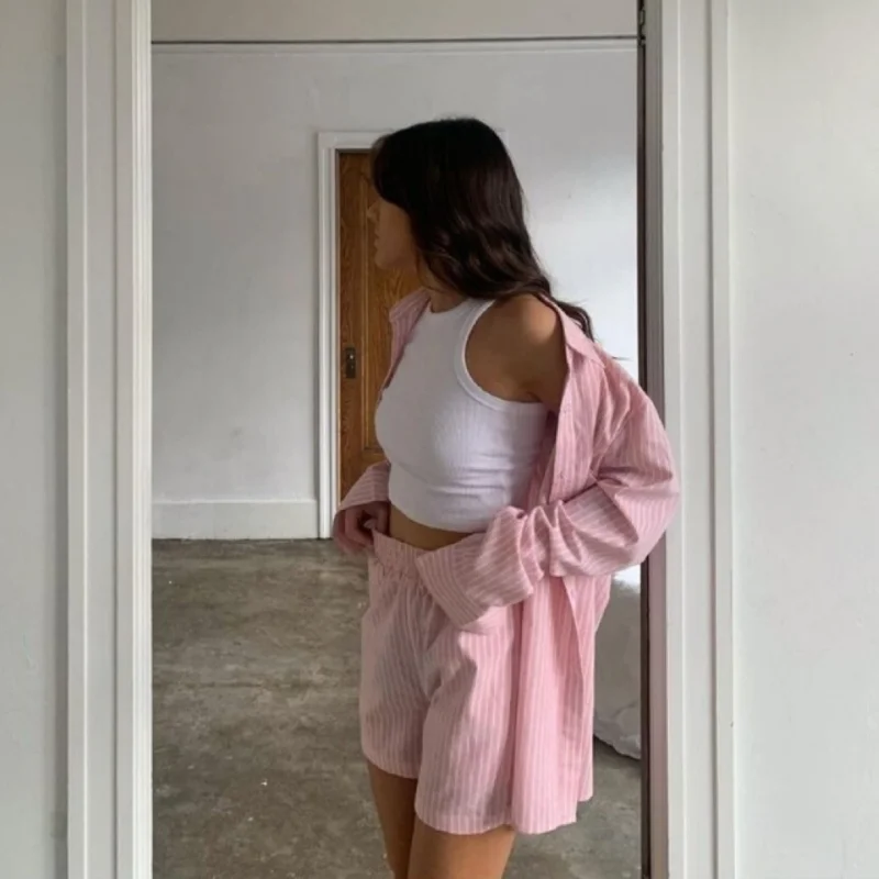 Women's Striped Long Sleeved Shirt Set, Casual Sportswear, Loose Fitting Top, High Waisted Shorts, 2-Piece