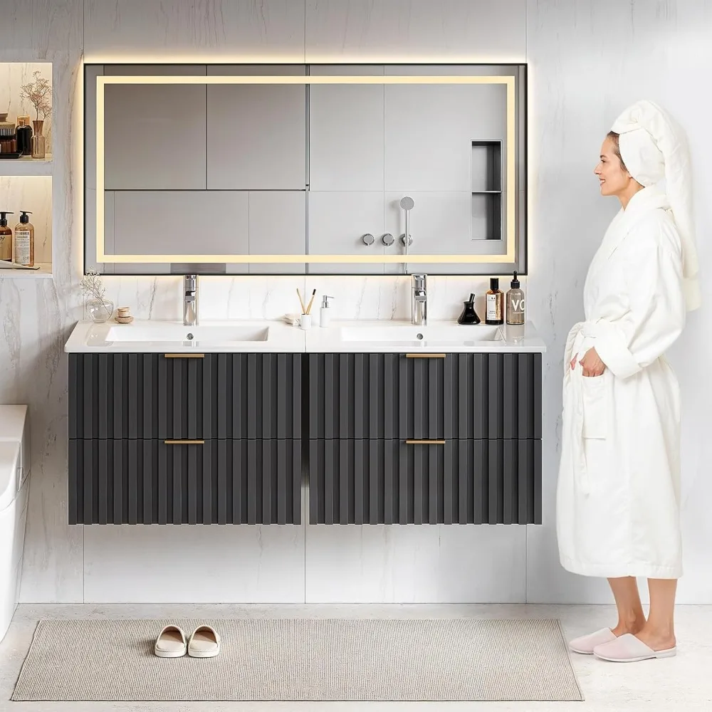 24 Inch Bathroom Vanity with Sink Combo, Floating Bathroom Vanity with 2 Fluted Drawer, Modern Wall Mount Bathroom Cabinet 4