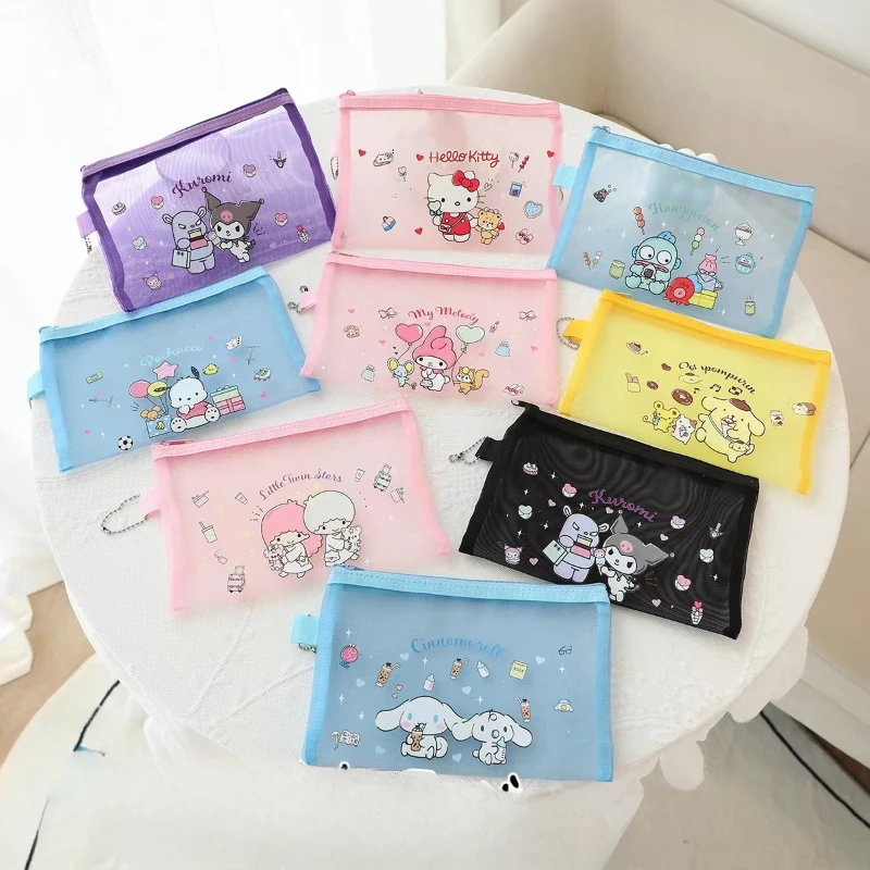 

Kawaii Sanrio Anime Hello Kitty My Melody Mesh Zipper Bag Kuromi Cinnamoroll Cute Cartoon Students Stationery Storage Bag