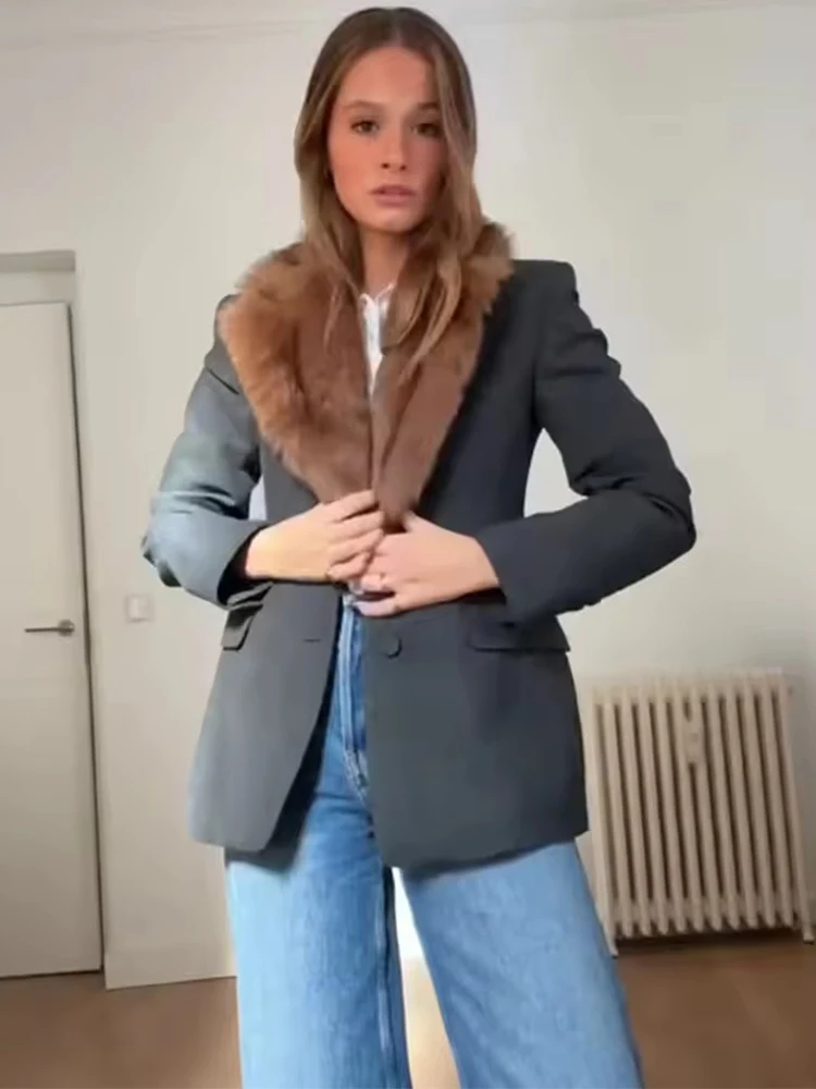 Women's Blazer Jacket Chic Fashion Faux Fur Lapel Single-Breasted Slim Blazers Coat Female Autumn Winter New Outerwears