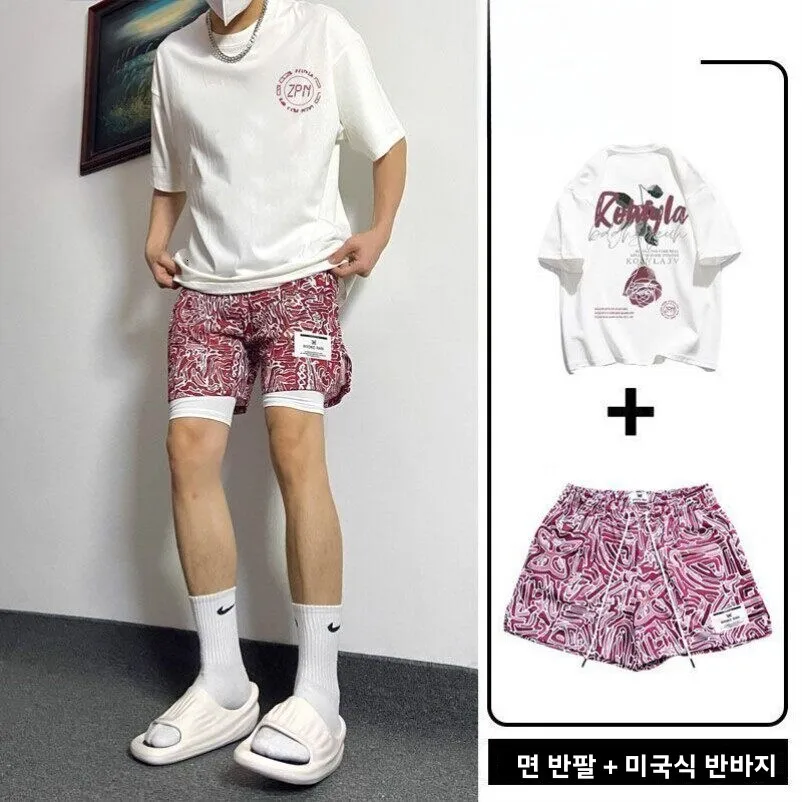 여름 미국 농구 반팔 스포츠 바지 남녀 공용 캐주얼 무릎 아래 기장 3점 트레이..