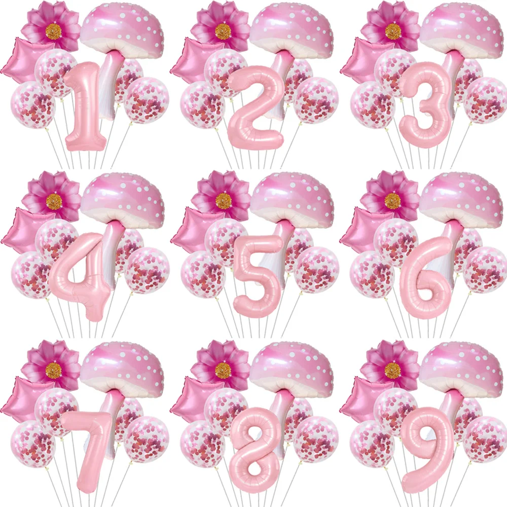 9 Stück/Packung rosa Pilz-Luftballons, Blumen-Folienballons-Set für Pilze, verzauberte Waldfee, Geburtstagsparty-Dekorationen, Gastgeschenke