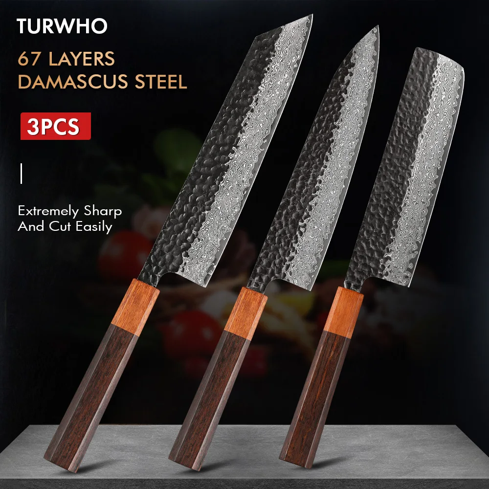 

TURWHO 3 Pieces Kitchen Knives Set Hand Forged Damascus Steel VG10 Chef Knives Meat And Vegetable Cooking Tools Rosewood Handles