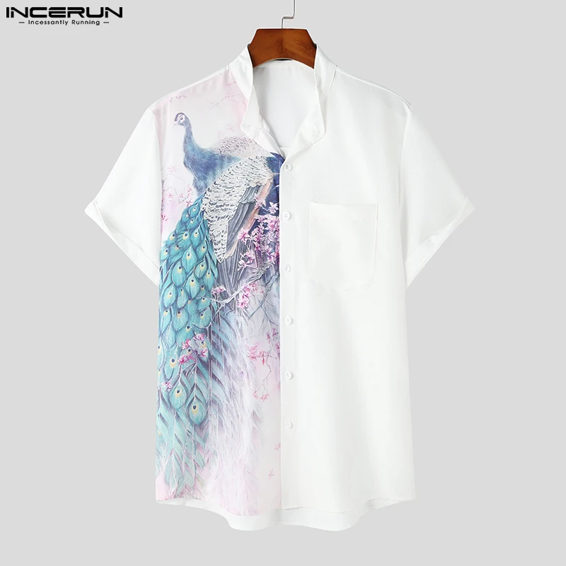 

Handsome Well Fitting Tops INCERUN Mens Fashion Splicing Flower&Bird Printed Shirts Casual Collarless Short Sleeved Blouse S-5XL