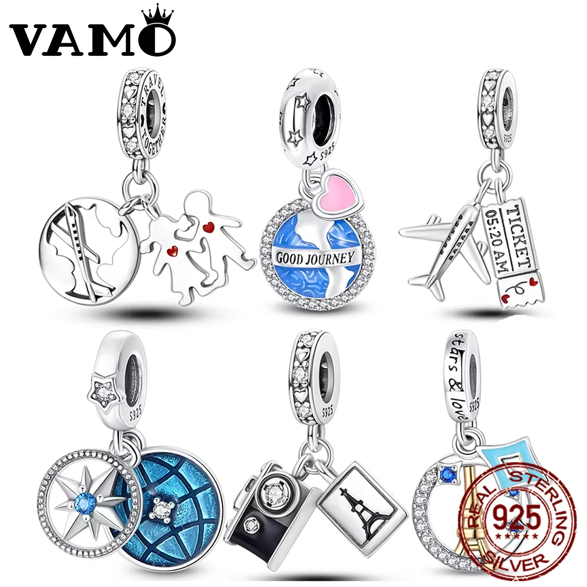 VAMO  여행 시리즈 참 비즈 댕글 핏 오리지널 참 팔찌, DIY 비행기 티켓 지구 카메라 펜던트