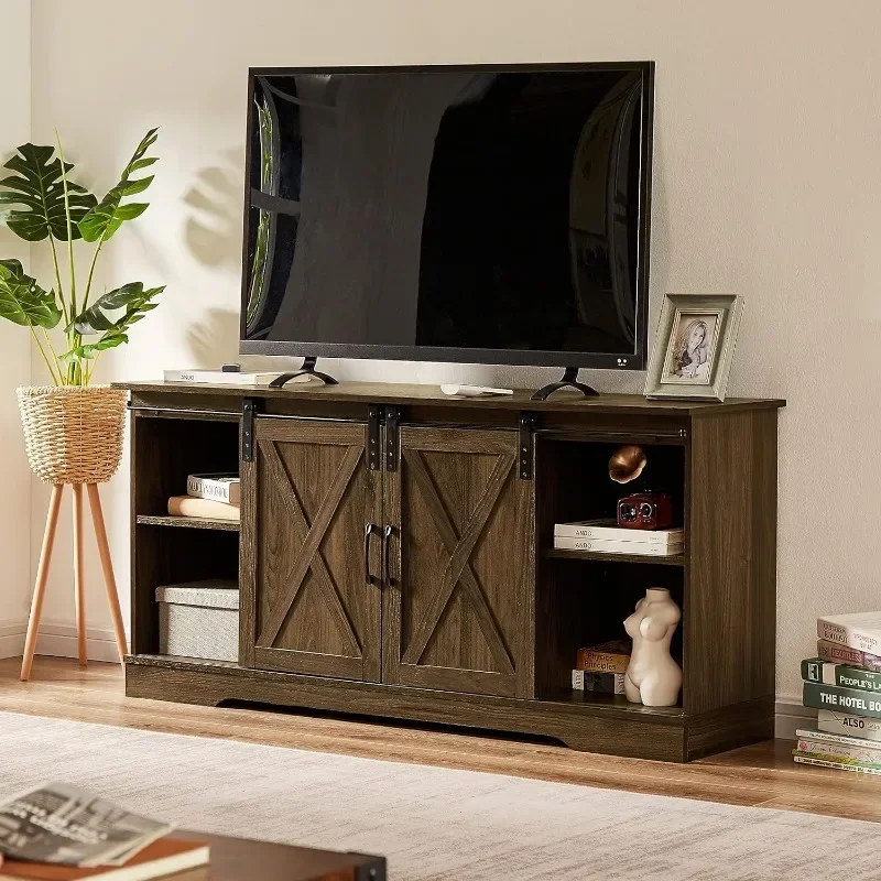 

Farmhouse TV Stand for 65+ Inch TV Wood Entertainment Center with Sliding Barn Door with Storage Cabinet