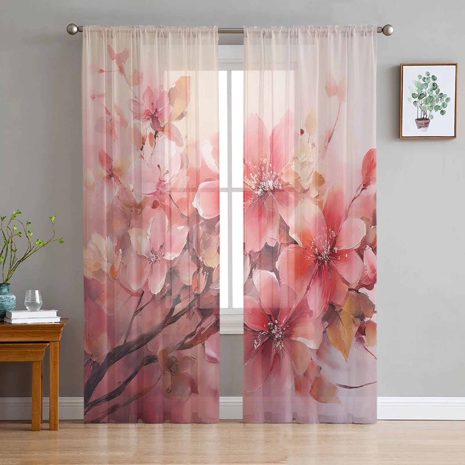 

Flowers Leaves Watercolor Tulle Curtain for Living Room Bedroom Christmas Decoration Window Voiles Tulle Curtain