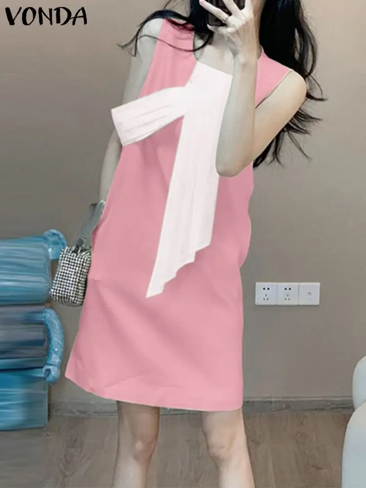 

2023 VONDA Summer Women Mini Dress Casual Short Vestidos Elegant Round Neck Sleeveless Loose Pleated Streamer Beach Sundress