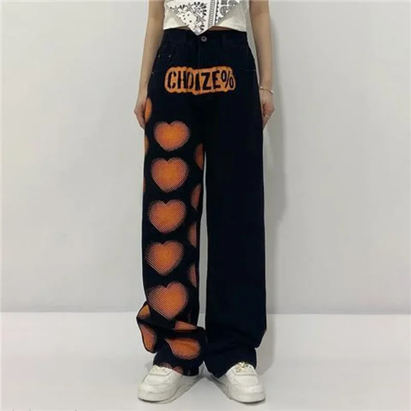2023 High Street Love Graffiti Straight Pants Men and Women Jeans Hip Hop Jeans Skateboard Pants Vintage Streetwear  Y2k Jeans