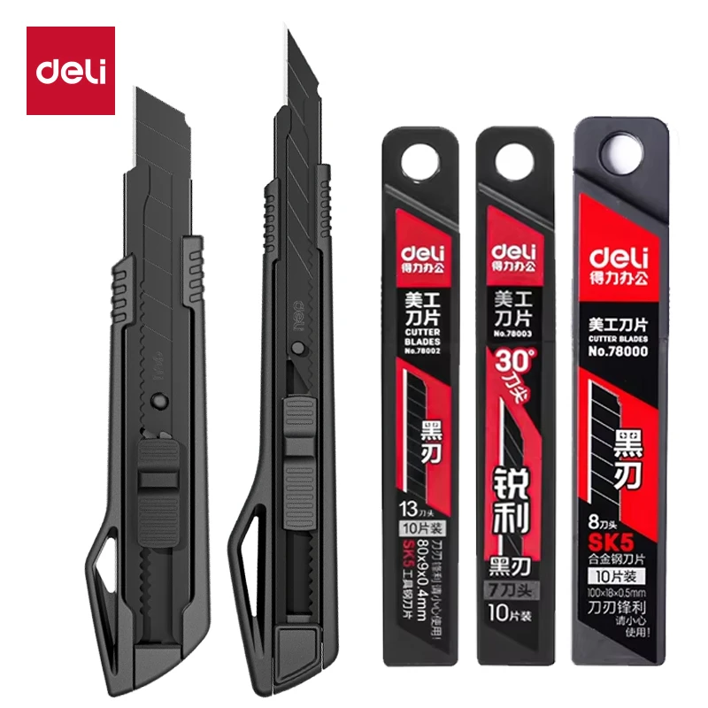 Deli Heavy Duty Utility Knife Sharp SK5 Carbon Steel Blades 9mm/18mm/Auto-Retractable Box Cutter for Cardboard Cartons