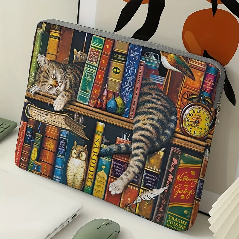 1, cat and bookshelf pattern laptop bag, briefcase, suitable for 15 inch laptops, fixed laptop bag (without handheld)