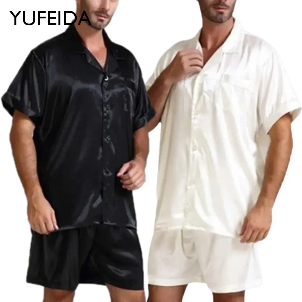 

YUFEIDA Summer Luxury Mens Pajama Sets Short Sleeve Satin Silk Sleepwear Pajamas Homewear Suit Pijama Set Nightgown Loungewear