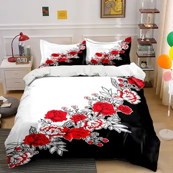 Red flowers with black-and-white background Bedding Set for Kids Luxury Gift 3pcs Digital Print Comforter Set Soft Comfortable 1