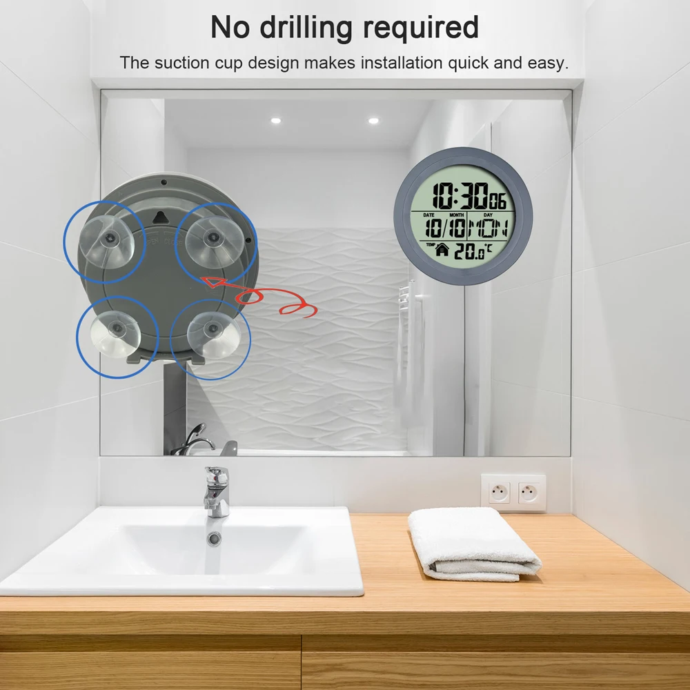 No Punching Suction Cup Digital Wall Clock Home Clock Waterproof Bathroom Washroom Kitchen LCD Display Temperature Detector