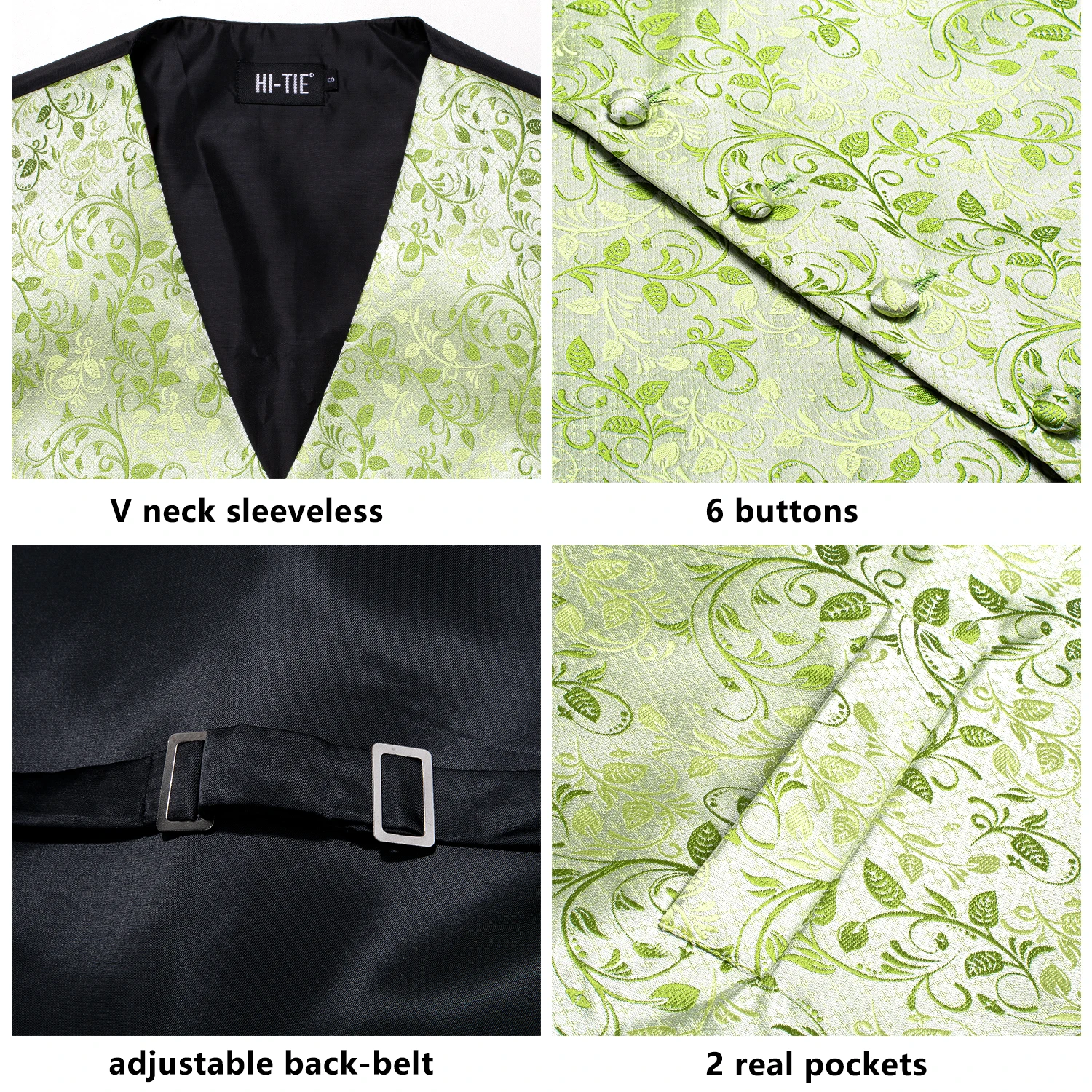 Hi-Tie Leaf Green Men's Vest Fashion Silk Jacquard Waistcoat Neck Tie Hanky Cufflinks Brooch Set for Male Wedding Party Designer