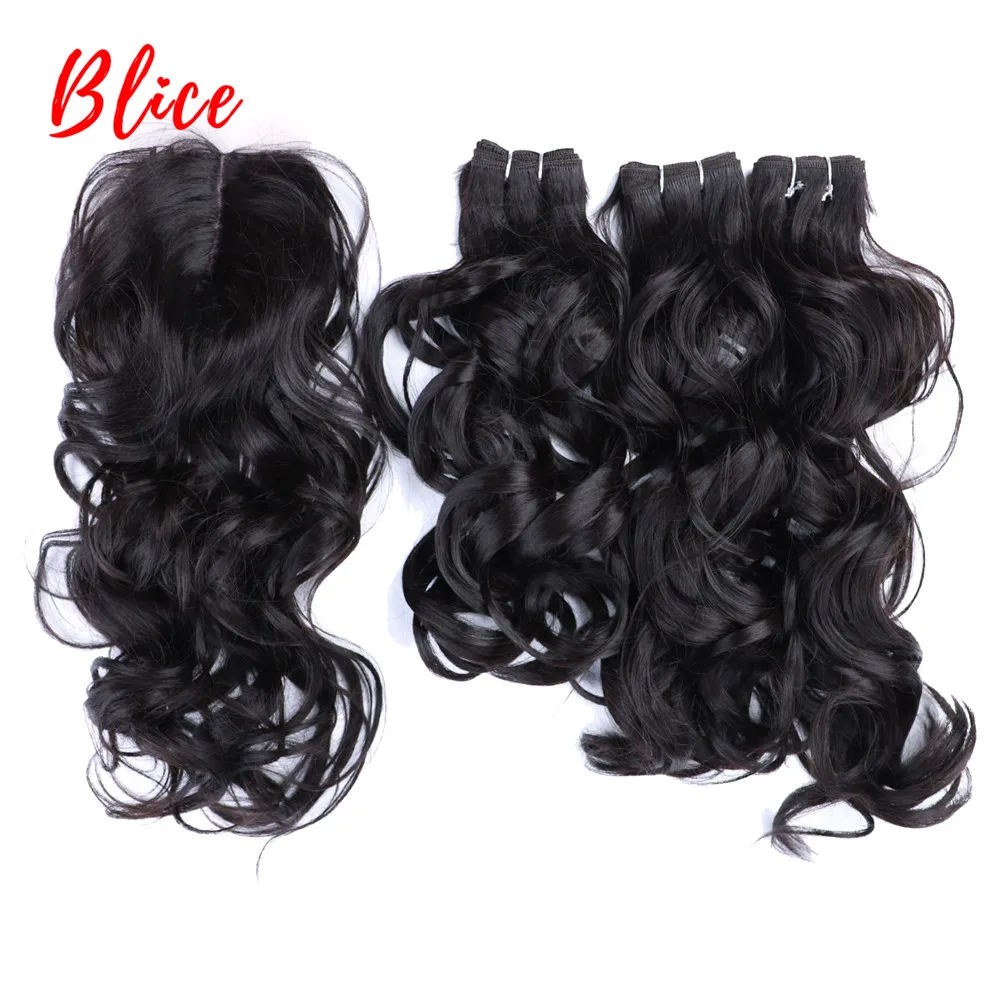 Blice Synthetic Wavy Bundle Curly Weave 3+1PCS/Pack Black Hair Extension with Lace Head LineFree Closure