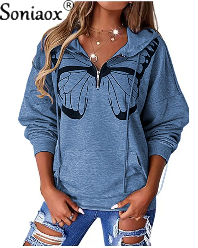 2022 Autumn Winter New Womens Stitching Butterfly Print Hooded Zipper V-Neck Drawstring Loose Fashion Casual Winter Sweatshirts