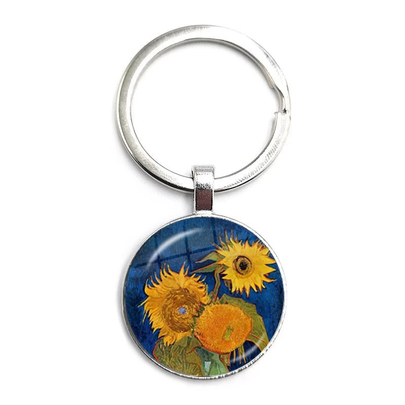 New Retro Van Gogh Starry Sky Sunflower Works Glass Cabochon Keychain Metal Glass Men'S And Women'S Keychain Gift Jewelry