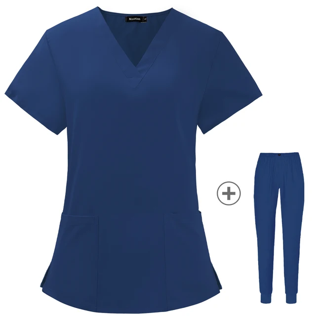 Operating Room Medical Uniforms Women Scrubs Clothes Sleeve V-Neck Workers T-Shirt Tops Summer Uniformes  Medical Accessories Dark Blue