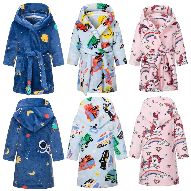 Kids Hooded Flannel Bathrobe Unicorn Kigurumi Robes Pajamas Long Sleeve Towel Robe Boy Girls