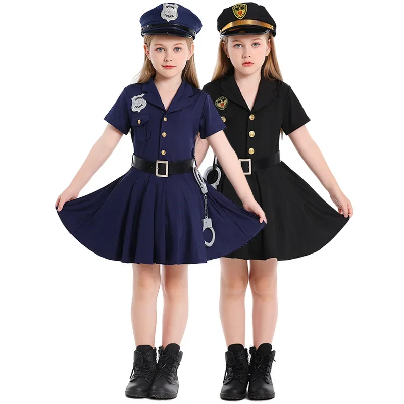 Cosplay Costume Children Police Role Play Dress Up Female Officer Belt Uniform Carnival Party Performance Halloween Toys Gifts