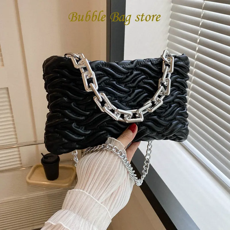 

2023 Fashion Pleated Crossbody Bags for Women Chain Strap Shoulder Bag Solid PU Leather Zipper Handbags and Purses Womens Bag