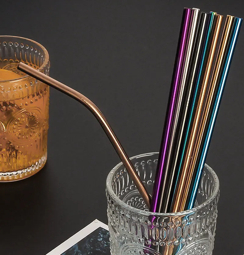 Wiederverwendbare Metall-Trinkhalme aus 304 Edelstahl, gerade und gebogen, mit Reinigungsbürste, 304 Strohhalme für Milchgetränke, für Bar und Party – Detail 1