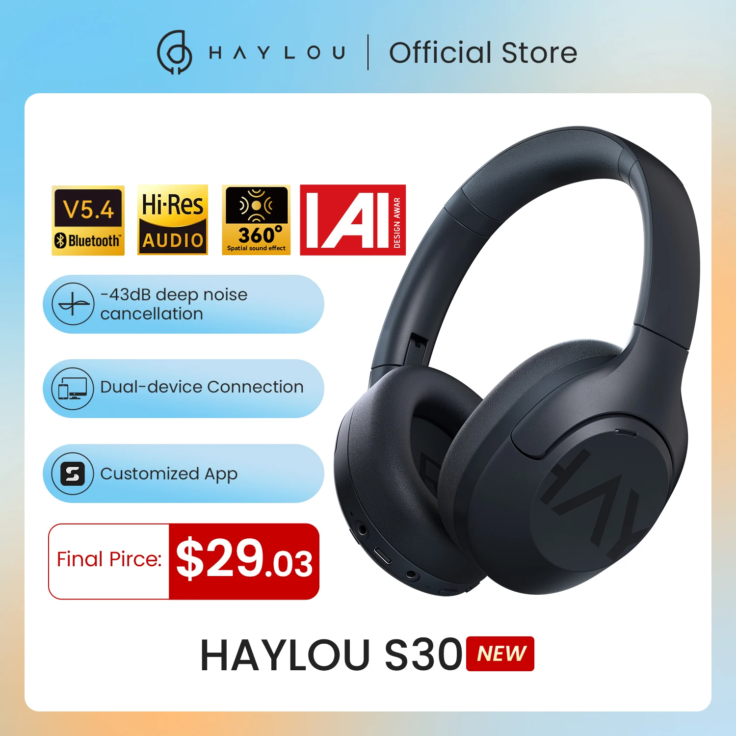 HAYLOU S30 Wireless Bluetooth 5.4 Headphones 43dB Adaptive Noise Cancelling Headsets 40mm Driver 80H Playtime Earphones