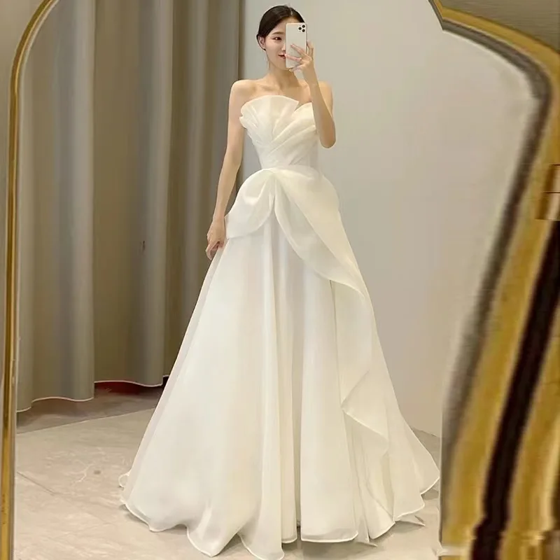 Luxury White Satin Chiffon Strapless Wedding Maxi Bride Dress 2023 Elegant Long Prom Evening Guest Formal Party Women Dresses