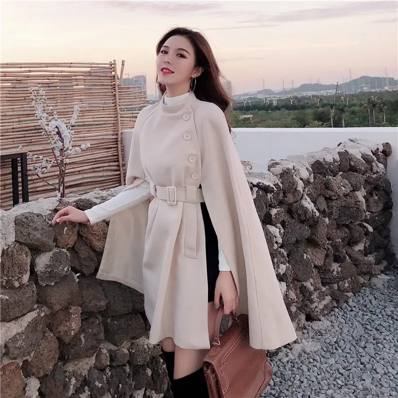 Korean New Long Coat Style Solid Color Loose Cape Coats Collect Khaki Black Elegant Waist Woolen Medium Women Winter Tops Woman